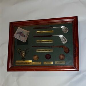 Framed Vintage Golf Club & Ball Display - Brown Frame, Green Backing